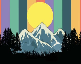 Modern Mountain Wallpaper Mural: Retro Sunburst Stripe Landscape (Non-Pasted, Pre-Pasted, Peel & Stick, Custom Sizes)