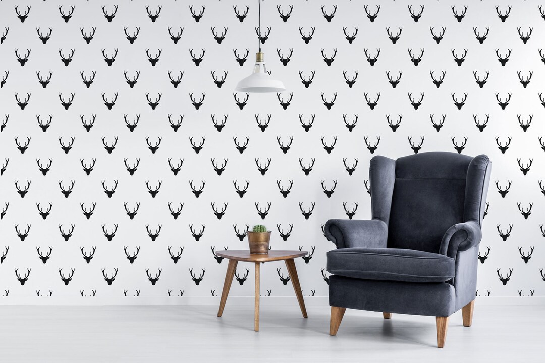 Deer Peel and Stick Wallpaper / Antler Removable Wallpaper / Deer Head