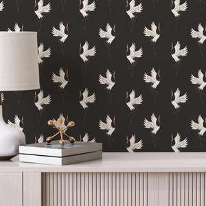 Black and white Crane Peel and Stick wallpaper / Bird Removable wallpaper / Black and white wallpaper - Self-adhesive or Traditional