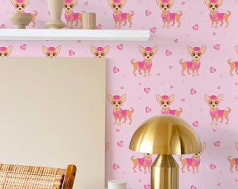 Pink Chihuahua Wallpaper: Cartoon Pattern (Non-Pasted, Pre-Pasted, Peel and Stick, Custom Sizes)