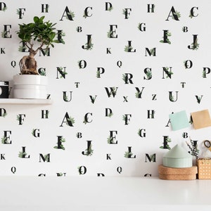 Aesthetic alphabet wallpaper - Peel and Stick Wallpaper or Non Pasted Wallpaper / Leaf Removable wallpaper / Green self-adhesive wallpaper
