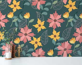 Green floral peel and stick wallpaper / Bright removable wallpaper / Green wallpaper - Self-adhesive or Traditional