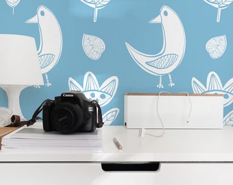 Boho Bird Peel and Stick wallpaper / Scandi Removable wallpaper / Blue and white wallpaper - Self-adhesive or Traditional