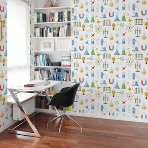 May include: A home office space featuring white wallpaper with a repeating science-themed pattern of atoms, beakers, magnets, and microscopes. The room includes a white desk with a metallic Z-shaped base, a black swivel chair, and built-in shelving.
