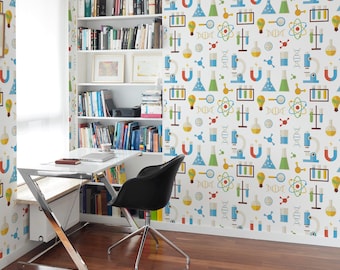 Colorful Science Icons Wallpaper: Novelty Lab Pattern (Non-Pasted, Pre-Pasted, Peel and Stick, Custom Sizes)