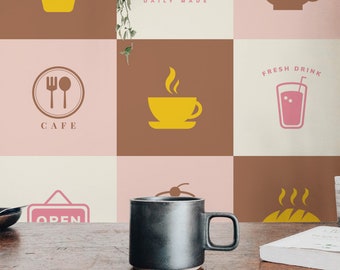 Papel pintado rosa autoadhesivo / Papel pintado removible con diseño de café / Papel pintado rosa - Autoadhesivo o tradicional