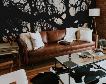 Black Tree Branches Wallpaper Mural: Dramatic Twilight Gradient Sky (Non-Pasted, Pre-Pasted, Peel & Stick, Custom Sizes)