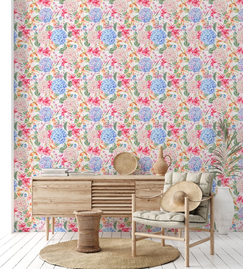 Floral Peel and Stick Wallpaper / Blue and Pink Wallpaper - Etsy