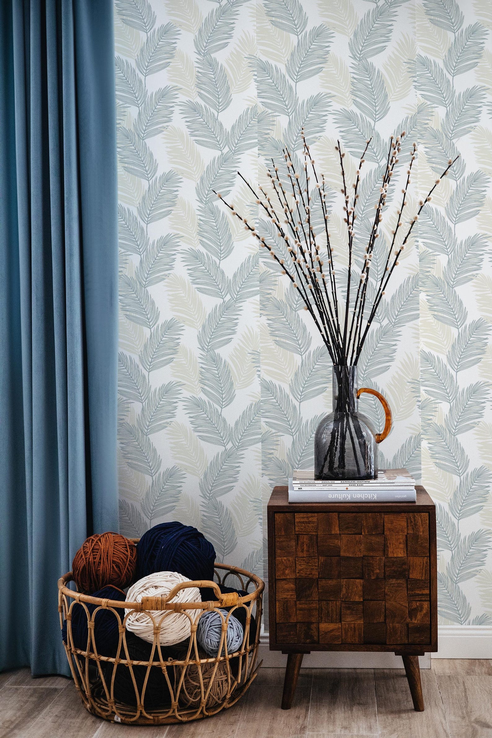 Blue and White Palm Leaf Peel and Stick Wallpaper / Coastal Removable ...