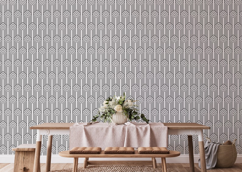 Black and White Art Deco Peel and Stick Wallpaper / Geometric Etsy