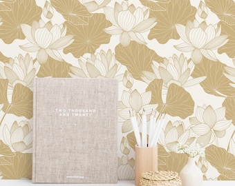 Beige Lotus självhäftande tapet / Blommig avtagbar tapet / Beige tapet - Självhäftande eller traditionell