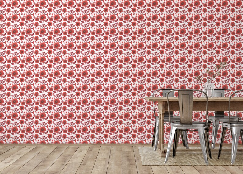 Red Poppy Floral Peel and Stick Wallpaper / Flower Removable Wallpaper ...