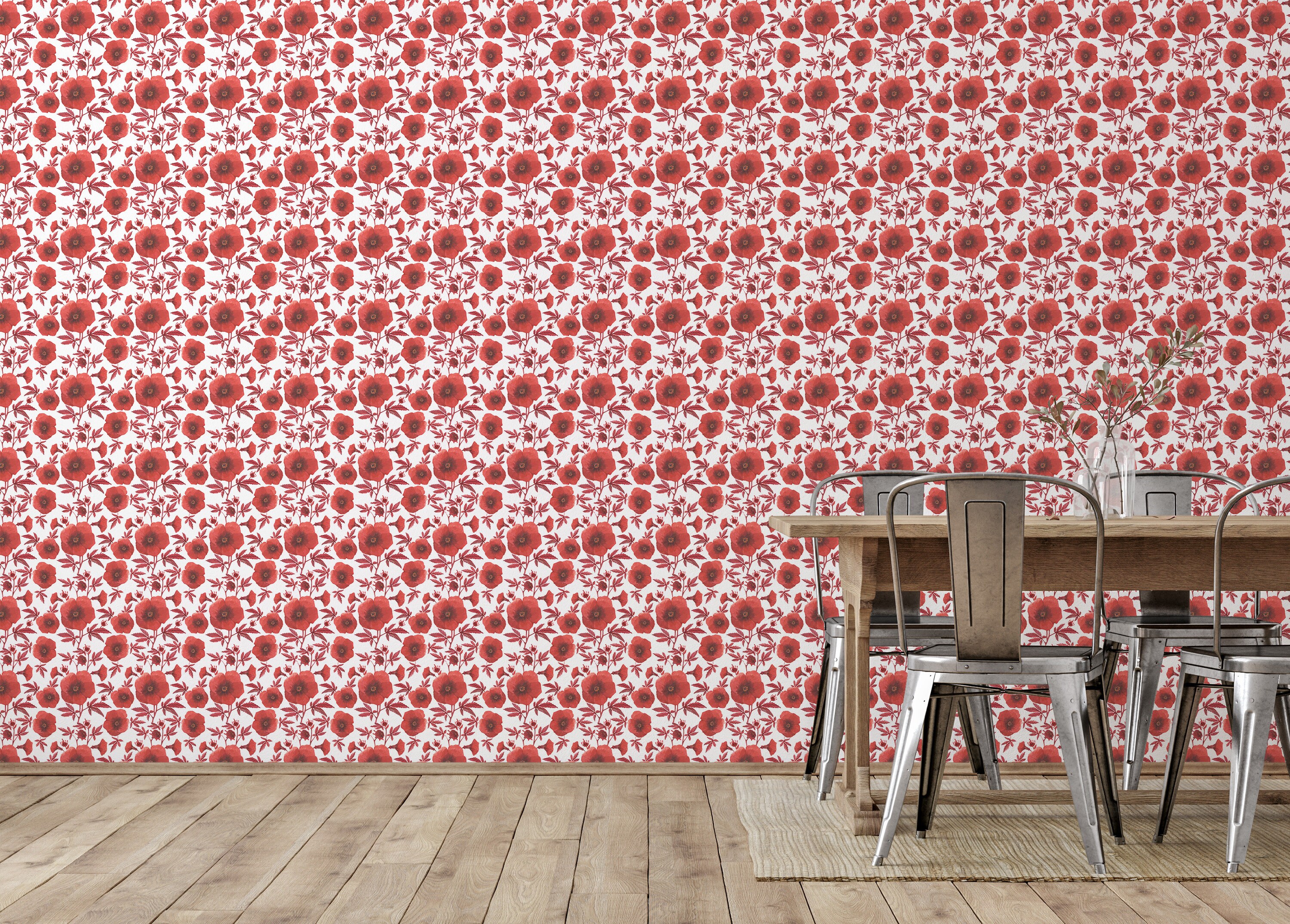 Red Poppy Floral Peel and Stick Wallpaper / Flower Removable Wallpaper ...