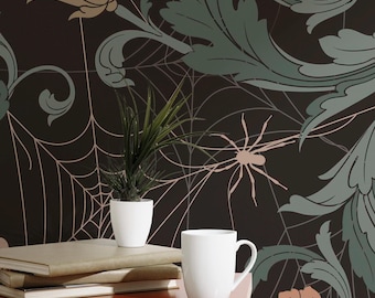Papier peint mural floral toile d'araignée noire : volutes botaniques gothiques (non encollé, préencollé, autocollant, tailles personnalisées)