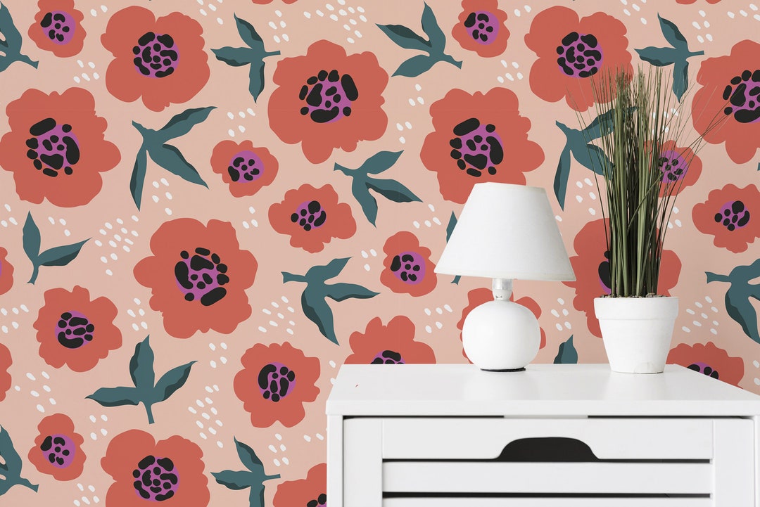 Orange and Pink Floral Peel and Stick Wallpaper / Bright - Etsy