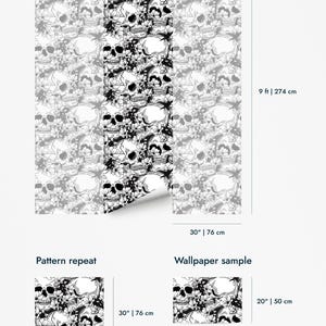 Floral Skull Peel and Stick wallpaper / Skull Removable wallpaper / Black And White wallpaper - Self-adhesive or Traditional image 9