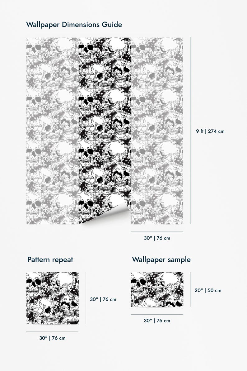 Floral Skull Peel and Stick wallpaper / Skull Removable wallpaper / Black And White wallpaper - Self-adhesive or Traditional image 9