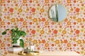Orange floral peel and stick wallpaper / 70s removable wallpaper / Orange wallpaper - Self-adhesive or Traditional product logo