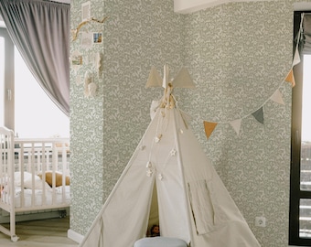 Sage Green Bunny Wallpaper: Neutral Floral Pattern (Non-Pasted, Pre-Pasted, Peel and Stick, Custom Sizes)