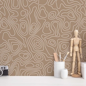 Brown One line Peel and Stick wallpaper / Abstract Removable wallpaper / Brown wallpaper - Self-adhesive or Traditional