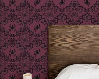 Burgundy Spider Damask Wallpaper: Gothic Ornamental Pattern (Non-Pasted, Pre-Pasted, Peel and Stick, Custom Sizes)