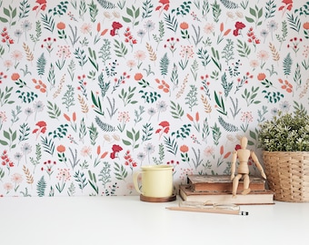 Green Scandinavian Peel and Stick wallpaper / Floral Removable wallpaper / Green wallpaper - Self-adhesive or Traditional