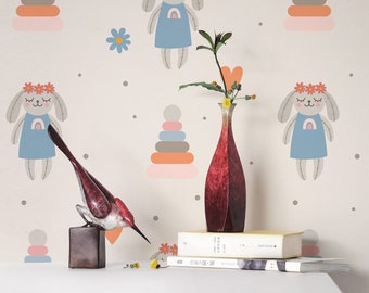 Vintage bunny Peel and Stick wallpaper / Bunny Removable wallpaper / Blue wallpaper - Self-adhesive or Traditional