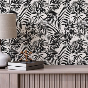 Tropical black and white Removable wallpaper / Leaf Peel and Stick wallpaper / Bold wallpaper - Self-adhesive or Traditional