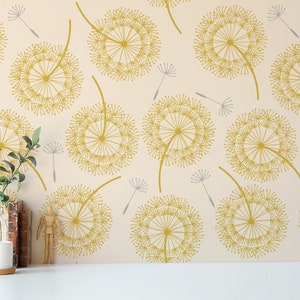 Yellow Dandelion Peel and Stick wallpaper / Floral Removable wallpaper / Yellow wallpaper - Self-adhesive or Traditional