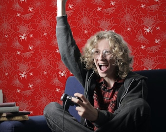 Red Spiderweb Wallpaper: Pop Culture Pattern (Non-Pasted, Pre-Pasted, Peel and Stick, Custom Sizes)