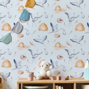 White Stork Peel and Stick wallpaper / Baby Removable wallpaper / White wallpaper - Self-adhesive or Traditional