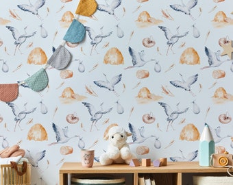 White Stork Peel and Stick wallpaper / Baby Removable wallpaper / White wallpaper - Self-adhesive or Traditional