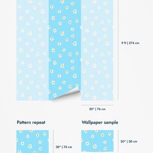 Blue Daisies Peel and Stick wallpaper / Floral Removable wallpaper / Blue girly wallpaper - Self-adhesive or Traditional image 10