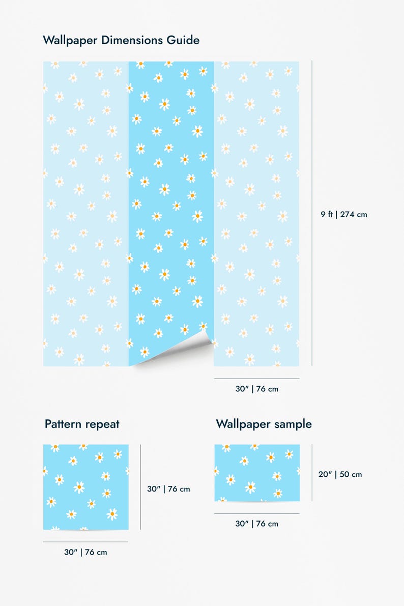Blue Daisies Peel and Stick wallpaper / Floral Removable wallpaper / Blue girly wallpaper - Self-adhesive or Traditional image 10