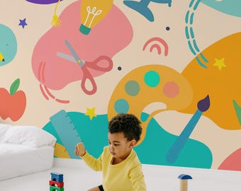 School Supplies Icons Wallpaper Mural: Fun Back-To-School Scene (Non-Pasted, Pre-Pasted, Peel & Stick, Custom Sizes)