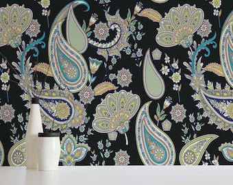 May include: A black background with a paisley pattern in shades of blue, green, yellow, and orange. The pattern is made up of intricate floral designs and paisley shapes.