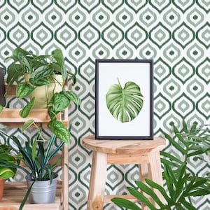 Green Ikat Peel and Stick wallpaper / Boho Removable wallpaper / Green wallpaper - Self-adhesive or Traditional