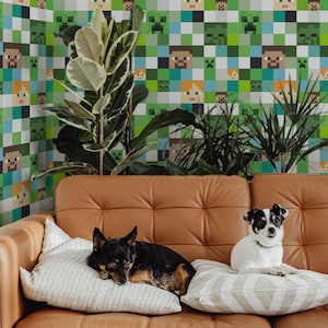 May include: Two dogs, one black and one white, are sitting on a brown leather couch in front of a wall covered in a green, blue, and white Minecraft-themed wallpaper.