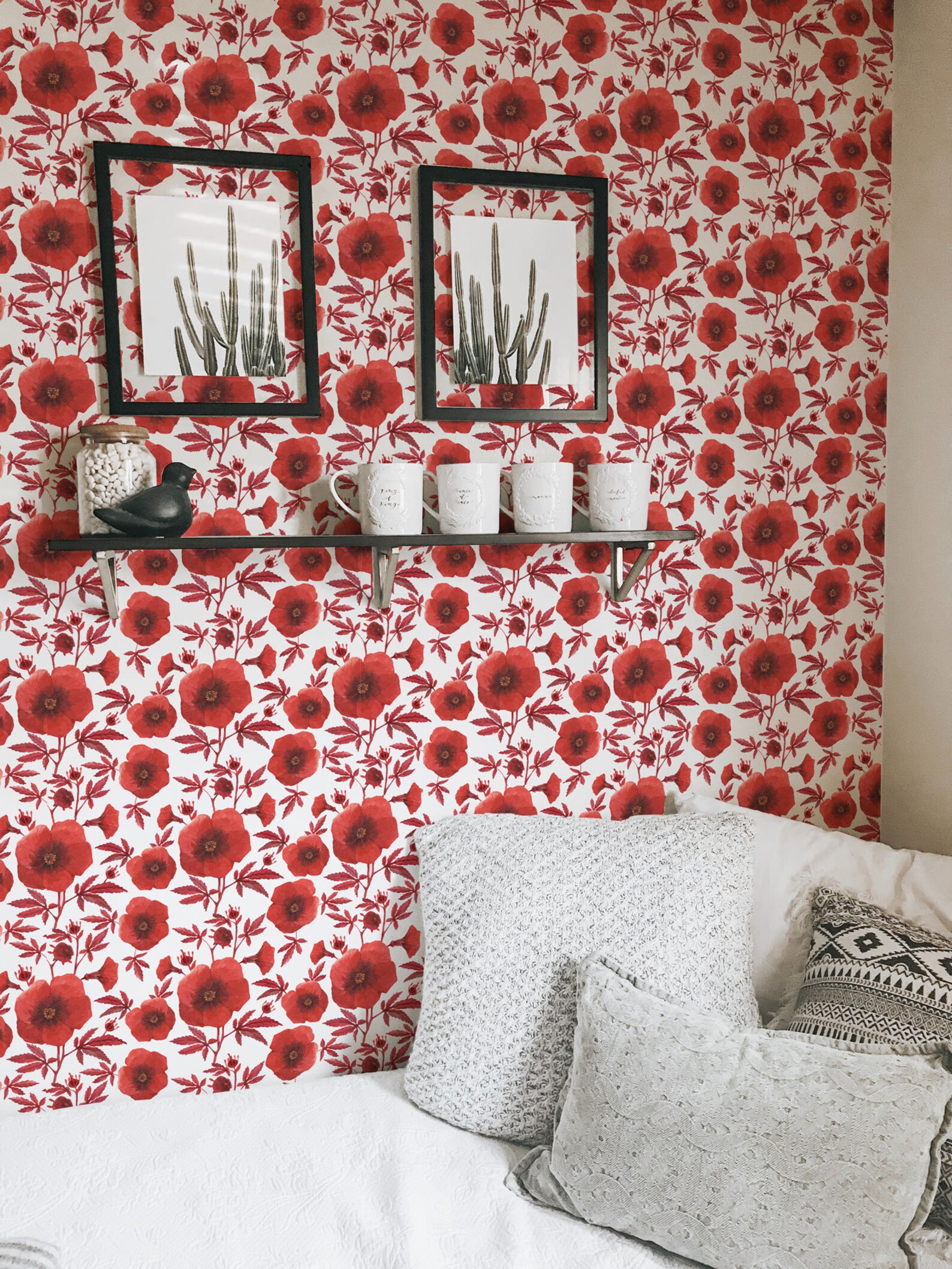 Red poppy floral peel and stick wallpaper / red floral stick Etsy