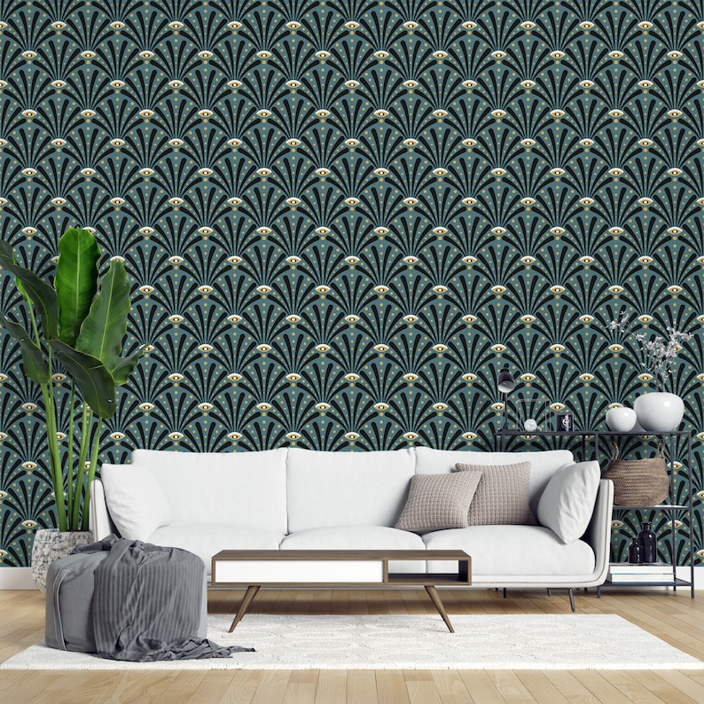 Teal Art Deco Peel and Stick Wallpaper / Eyes Removable Etsy