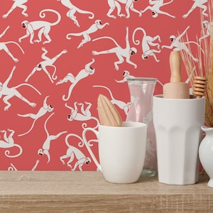 Red Monkey Peel and Stick wallpaper / Animal Removable wallpaper / Red wallpaper - Self-adhesive or Traditional