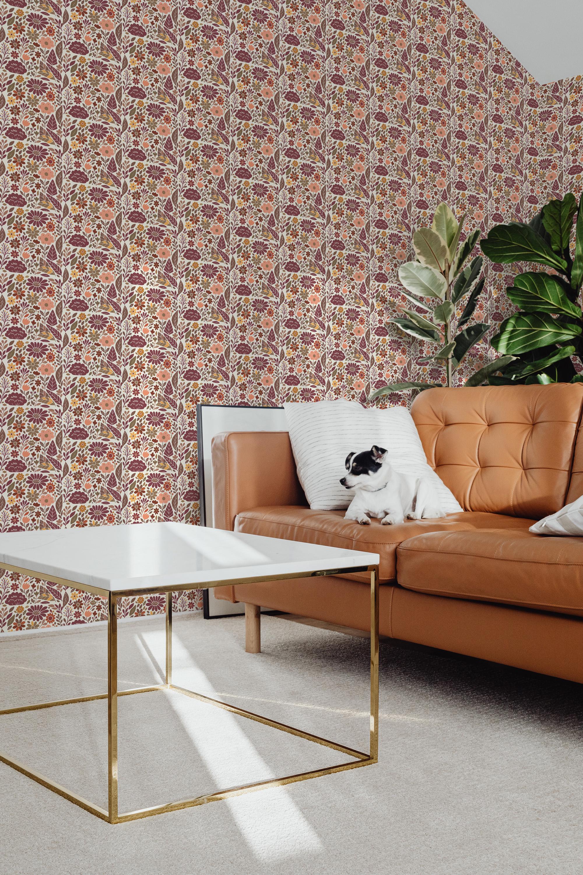 Burgundy Floral Wallpaper: Whimsical Botanical Design (non-pasted