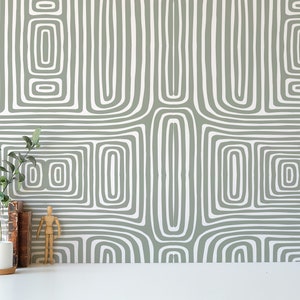 Green Abstract Line Peel and Stick wallpaper / Boho Removable wallpaper / Abstract wallpaper - Self-adhesive or Traditional