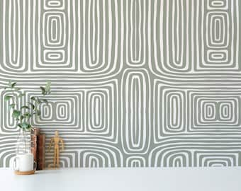 Green Abstract Line Peel and Stick wallpaper / Boho Removable wallpaper / Abstract wallpaper - Self-adhesive or Traditional