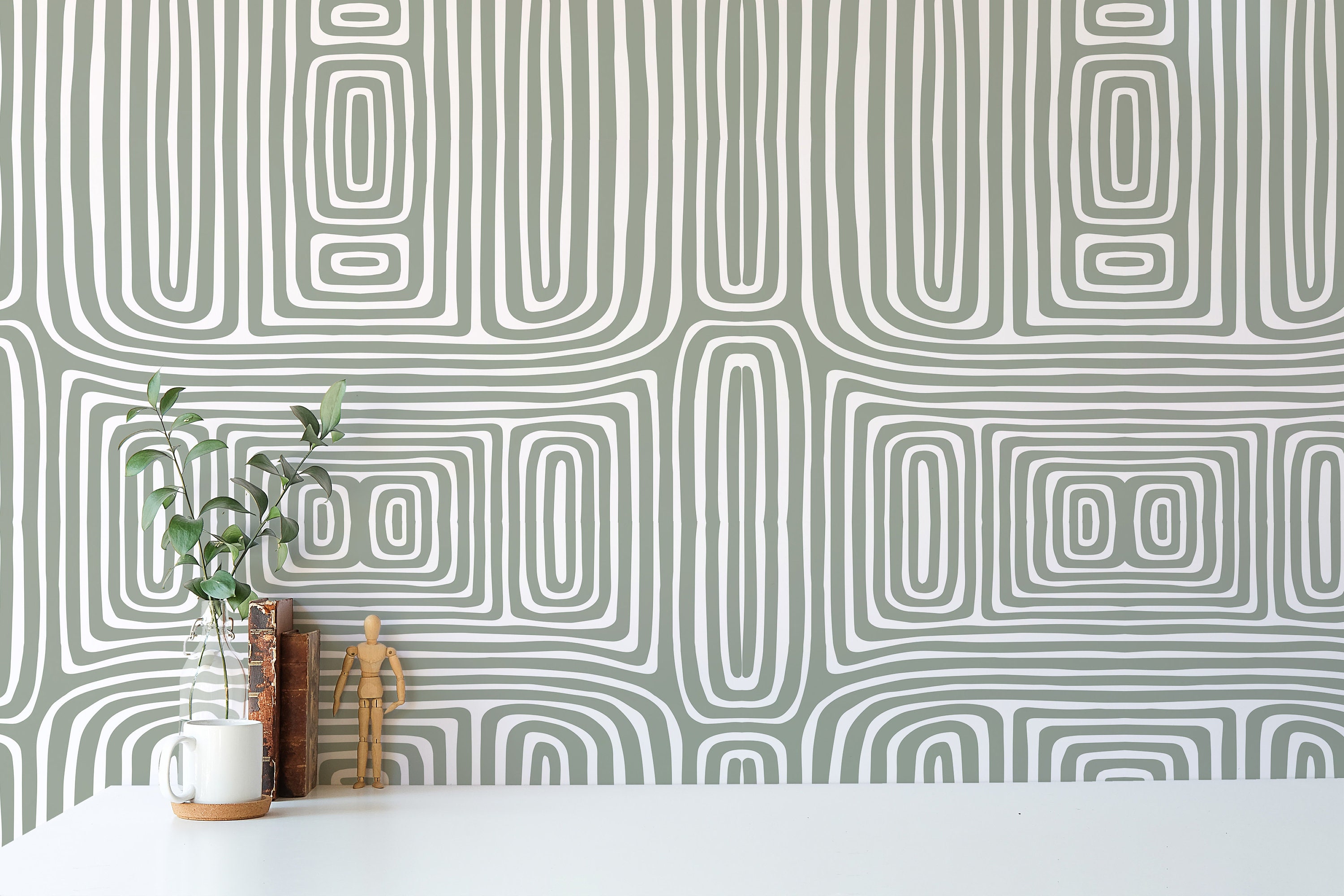 Green Abstract Line Peel and Stick Wallpaper / Boho Removable pic