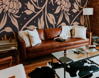 Charcoal Floral Vines Wallpaper Mural: Gothic Botanical Halloween Scrollwork (Non-Pasted, Pre-Pasted, Peel & Stick, Custom Sizes)