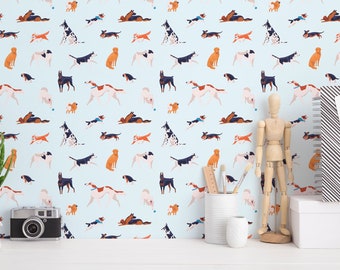 Playful Dog Wallpaper: Novelty Illustration Design (Non-Pasted, Pre-Pasted, Peel and Stick, Custom Sizes)