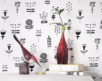 Black Floral Peel and Stick wallpaper / Black and white Removable wallpaper /Minimalistic wallpaper - Self-adhesive or Traditional