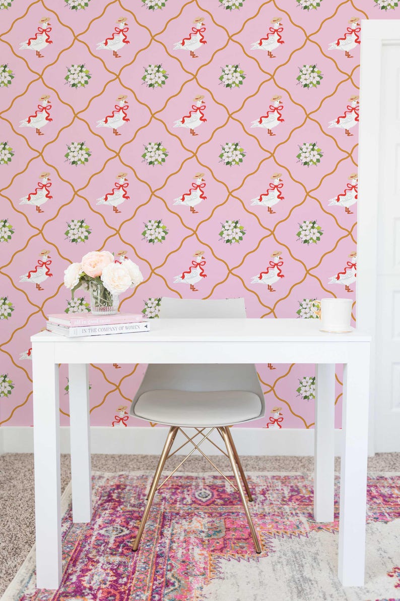 Pink Goose Wallpaper | Floral Bird Peel and Stick Removable Fabric or ...