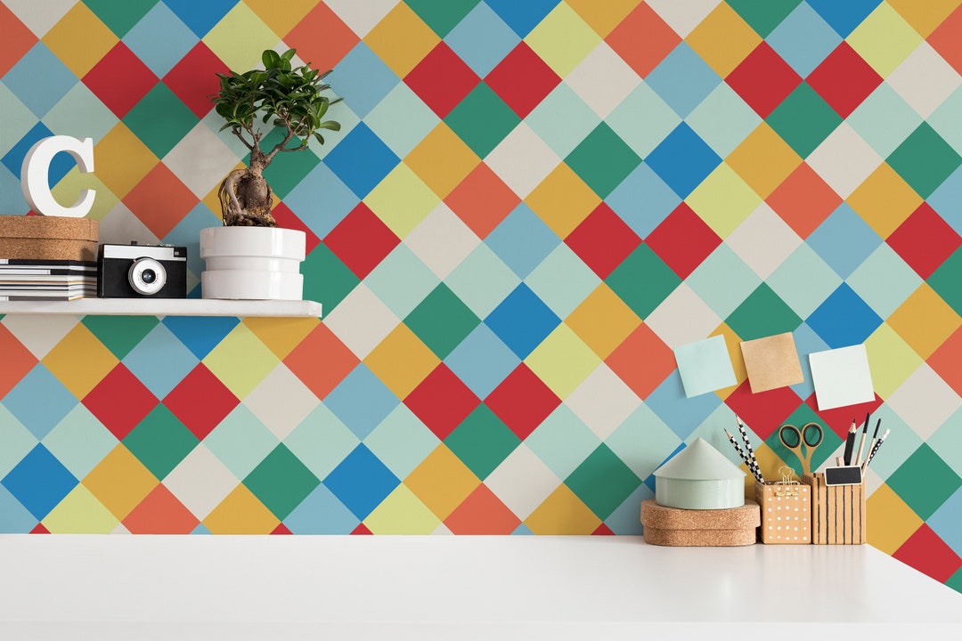 Colorful Harlequin Wallpaper Peel and Stick Wallpaper or Non Pasted